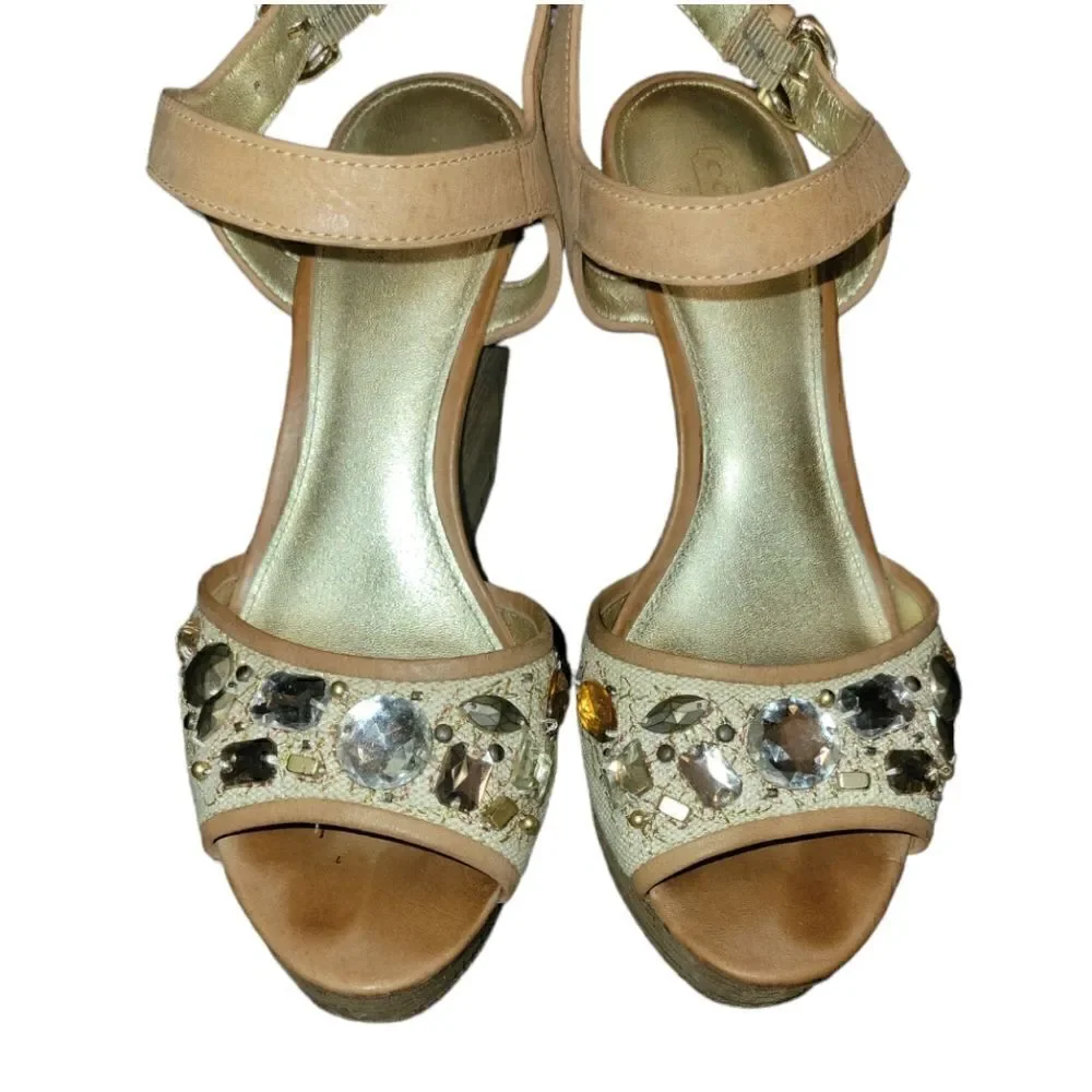 Coach Hanson Jeweled Bling Rhinestone Nude Brown Platform High Wedges Sandals 8